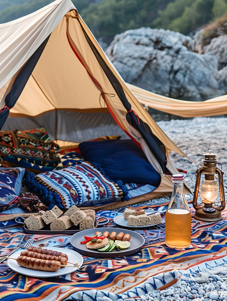 Camping at the beach. A spacious multicolored tent with geometric patterns, scattered royal-blue throw pillows, vintage oil lantern for decoration, plates of grilled sausages and smore sandwich on a picnic blanket, ice-chilled glass bottles of apple cider, and layers of thermal vest on a hammock.