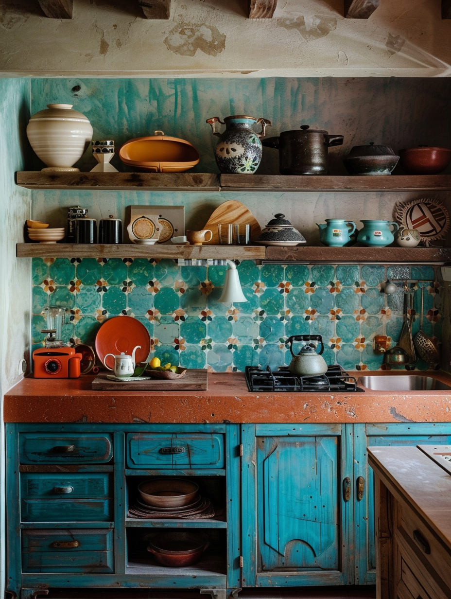 Boho Kitchen. Moroccan tile backsplash in shades of turquoise and rust.