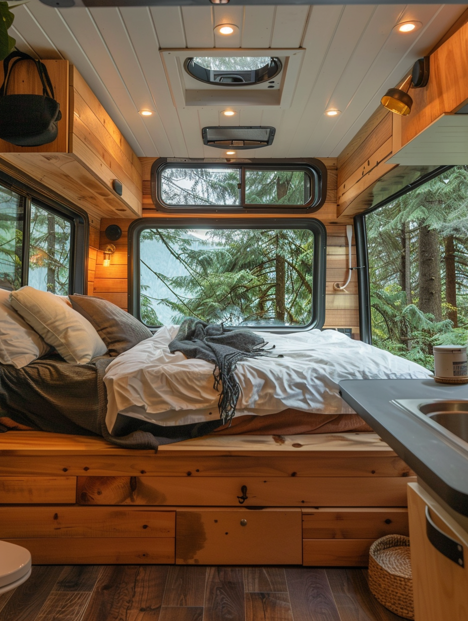 Small camper interior. Bedroom area with wall-to-wall windows showcasing the natural views beyond.