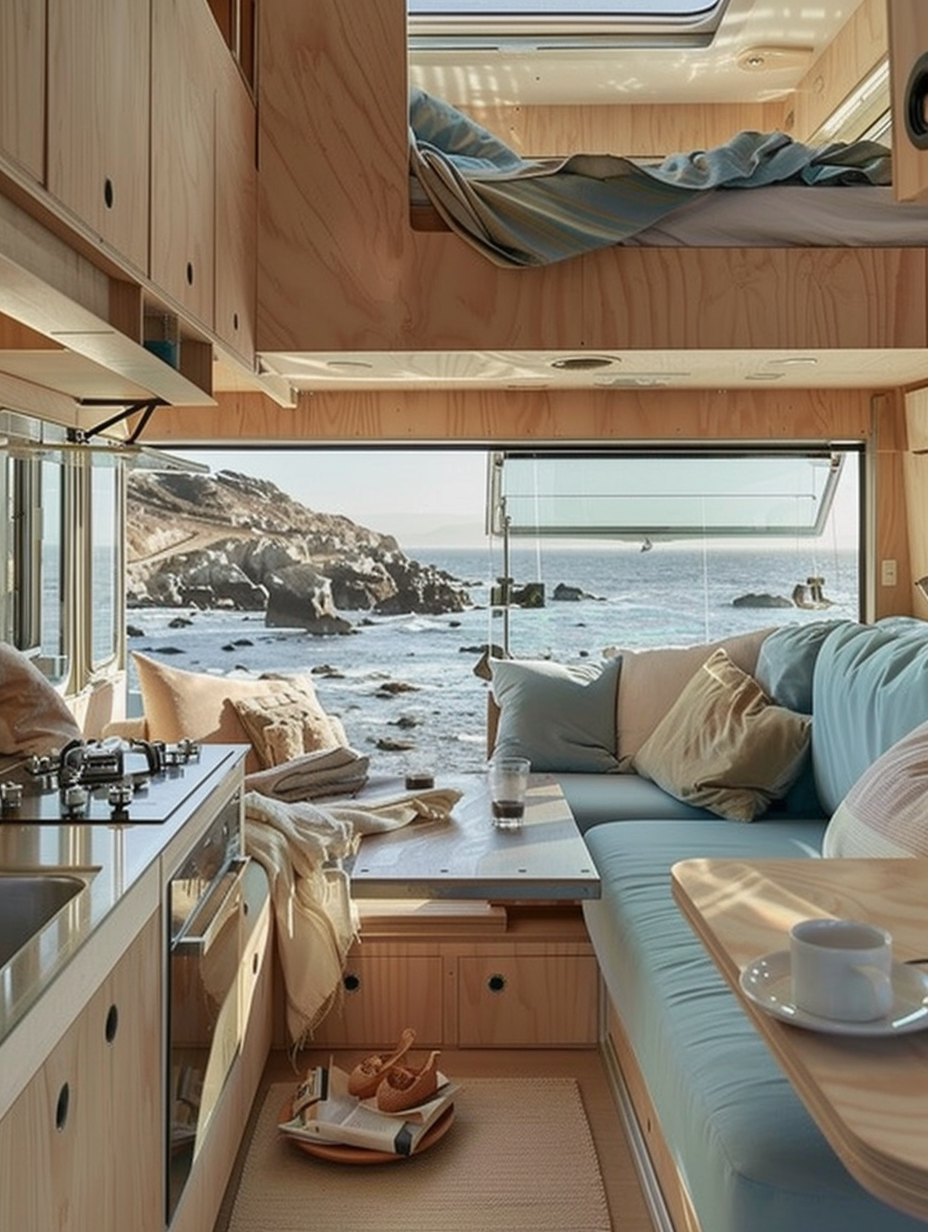 Small camper interior idea. Pale wood panels and a light blue convertible sofa on one side, compact kitchenette on the opposite side, loft bed area overhead with large windows providing panoramic views around.