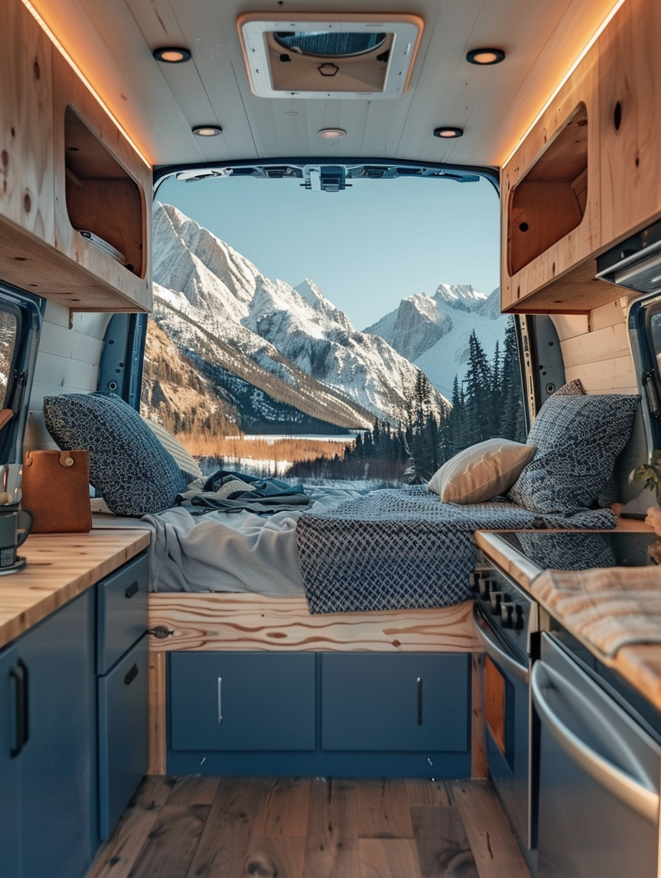 Small camper interior. Minimalistic decor, geometric pattern upholstery, wooden built-ins with a queen-sized bed, lofted storage cabinets, miniature stainless steel fridge, blue and grey color scheme, panorama window unveiling sun-kissed mountain peaks at the rear.