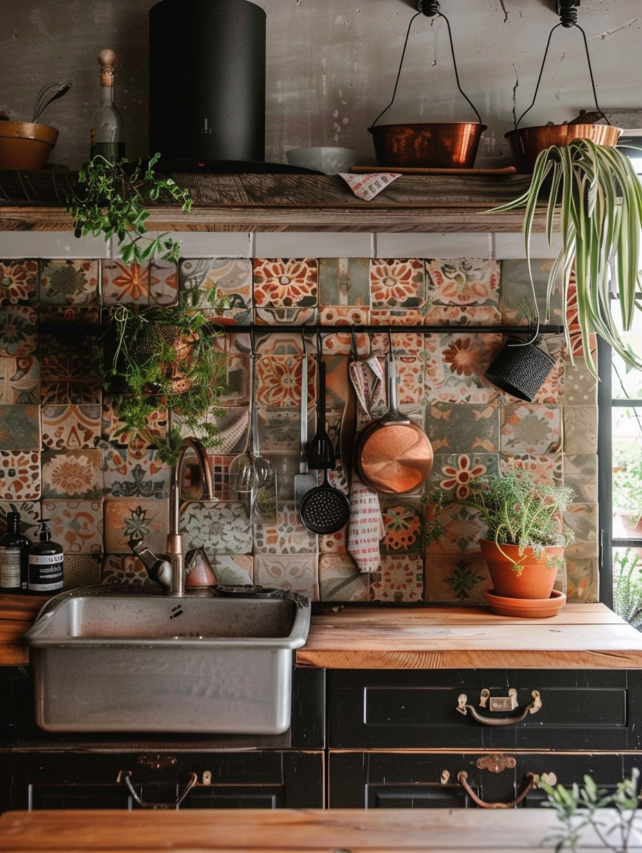 Boho kitchen. Terra cotta Morrocan tile backsplash with hanging copper pots and succulents.