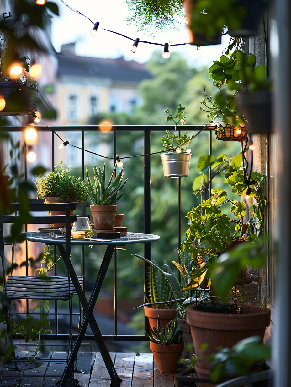 Urban balcony. Draping string lights, iron bistro set, overflowing aloe vera in terracotta pots.