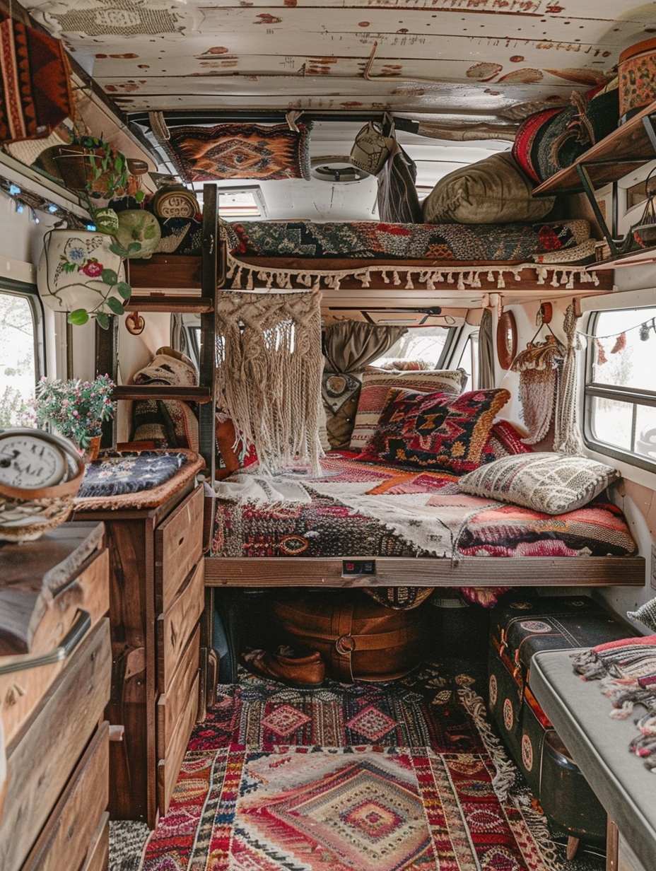 Boho RV camper interior. Detailed view of earth-toned furnishings, macrame decorations, patterned rugs and a cozy, open lofted sleeping area.