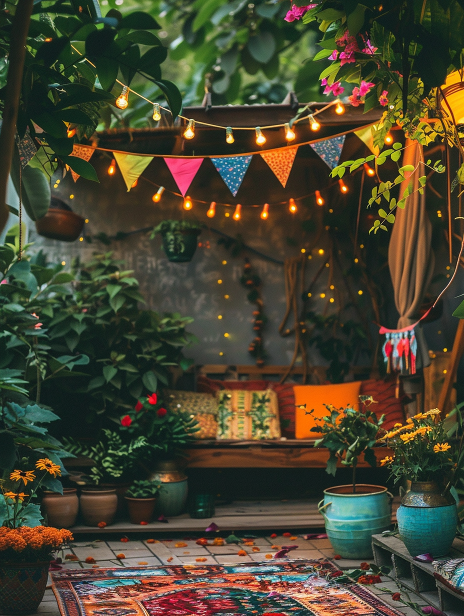 Boho garden design. String lights interspersed with mini colorful bunting flags draped over an outdoor wooden bench, gathered Bohemian rugs textured with floral designs, indoor plants with wide green leaves retiring beside vintage metal turquoise pots, holding native wetland flowers.