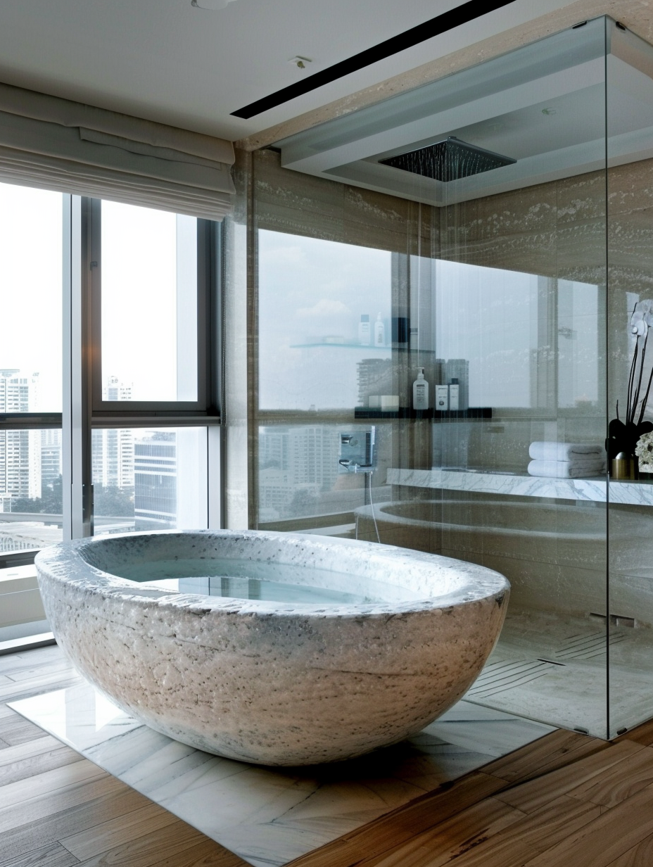 Quiet Luxury Bathroom Design. A sizable marble bathtub next to a glass-enclosed rain shower.