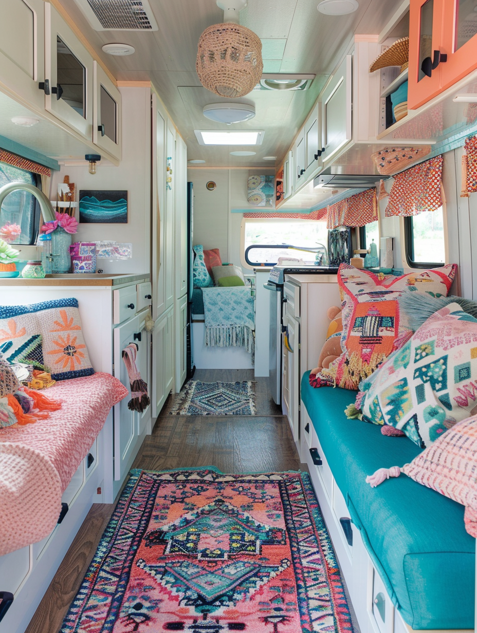 Boho RV camper interior. Teal and coral tribal pattern rug.