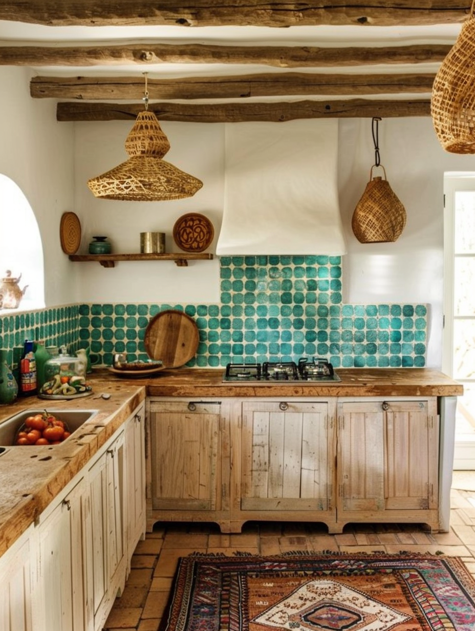 Boho kitchen. Turquoise Moroccan tile backsplash, warm wooden countertops, patterned rug, hanging wicker lamps.