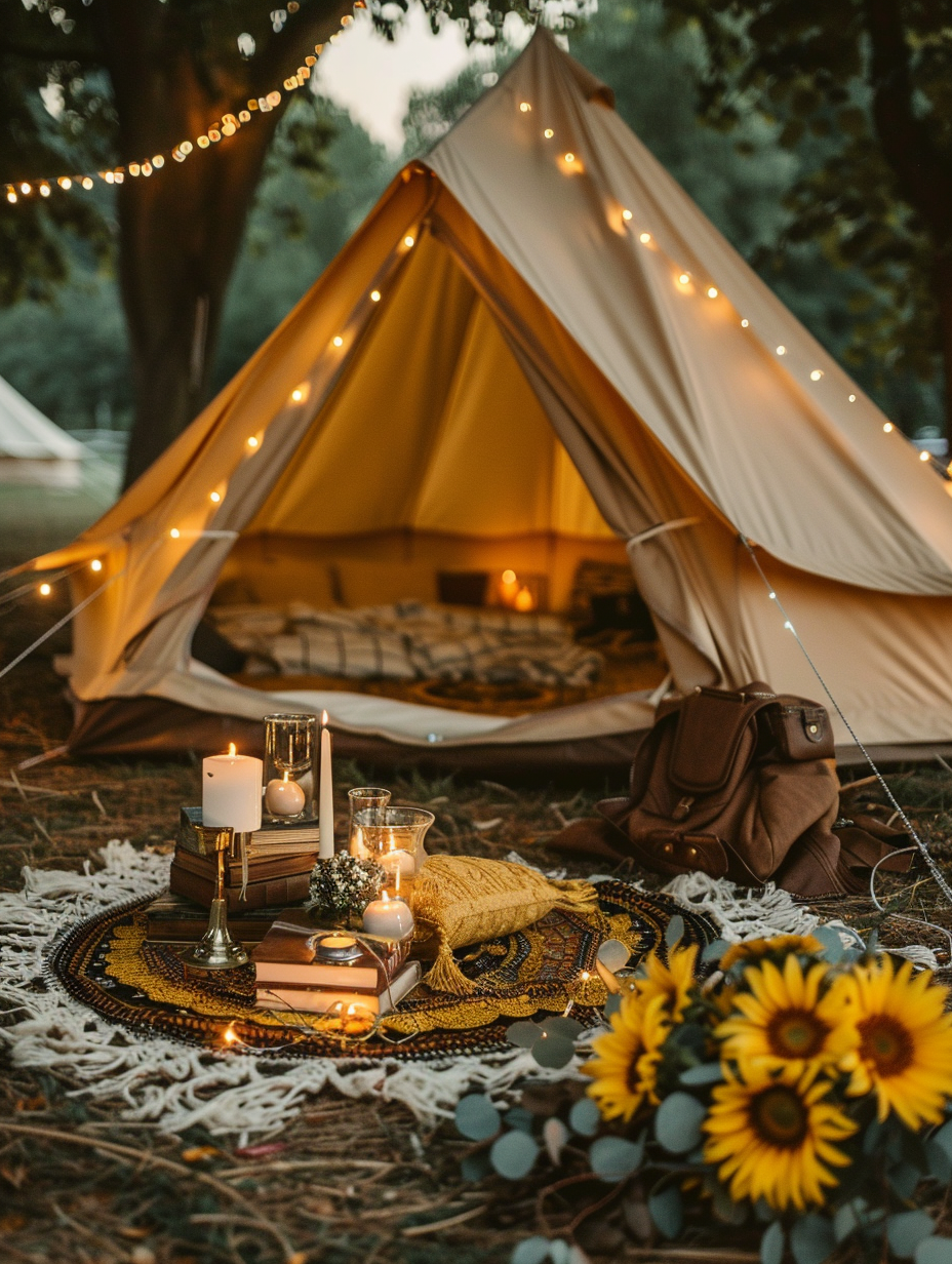 Glamping design. Sunflower yellow canvas tent accentuated with brown strew rugs, strings of twinkling warm LED lights, a luscious bouquet of fresh sunflowers, coordinated yellow textile accents, a stack of leather-bound books, glowing white taper candles and glimmering brass accessories.