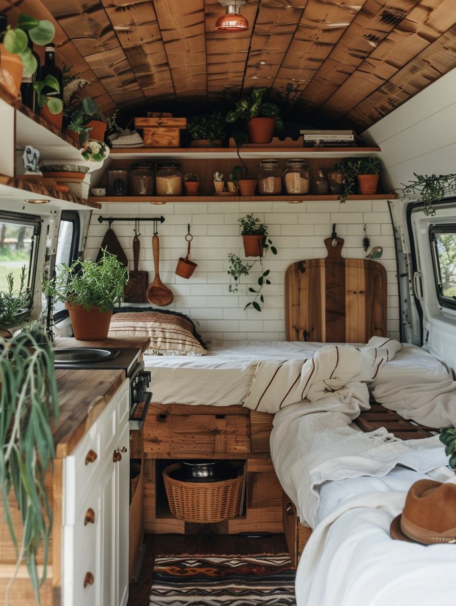 Small camper interior idea. Stained wooden walls with floating shelves, hanging potted plants, white tiled kitchenette area, and a comfortable opened bed taking up rear of the camper, enhancing clarity of entire interior.