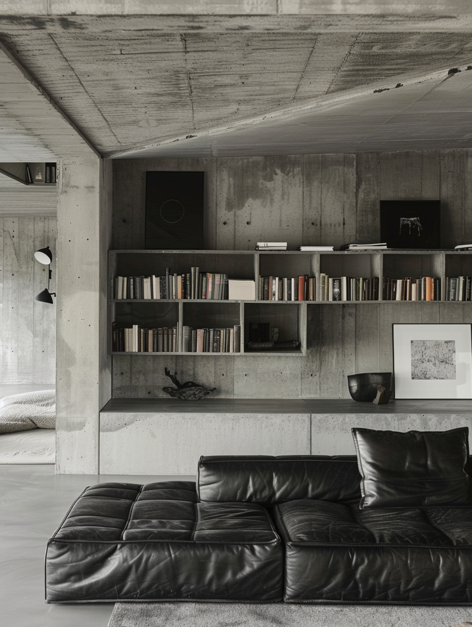 Living room in Brutalist design. Concrete built-in wall shelves and low profile black leather sofa.