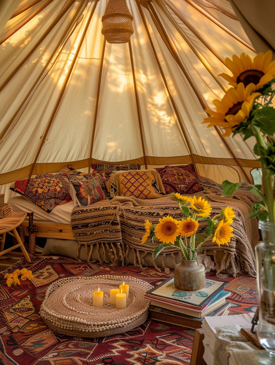 Glamping design. Yurt-style tent dressed in deep gold draping fabric, coupled with russet-brown rugs, adorned with clusters of fresh sunflowers. The interior is lit with soft-glowing LED lamps, creating a warm ambiance. Decorative accessories such as vintage books, rustic candlesticks with lemon candles spread casually yet strategically.