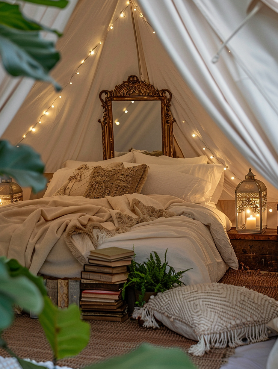 Glamorous tent interior. White canvas tent illuminated with warm, twinkling string lights, layered with plush ivory blankets and assortments of cream and gold velvet pillows, surrounded by potted vibrant green philodendron plants, an antique bronze-trimmed mirror in the background, and stacks of hardcover classics on the sturdy wooden crate-nightstand with vintage candelabra and small intricate Moroccan lantern as a decoration.