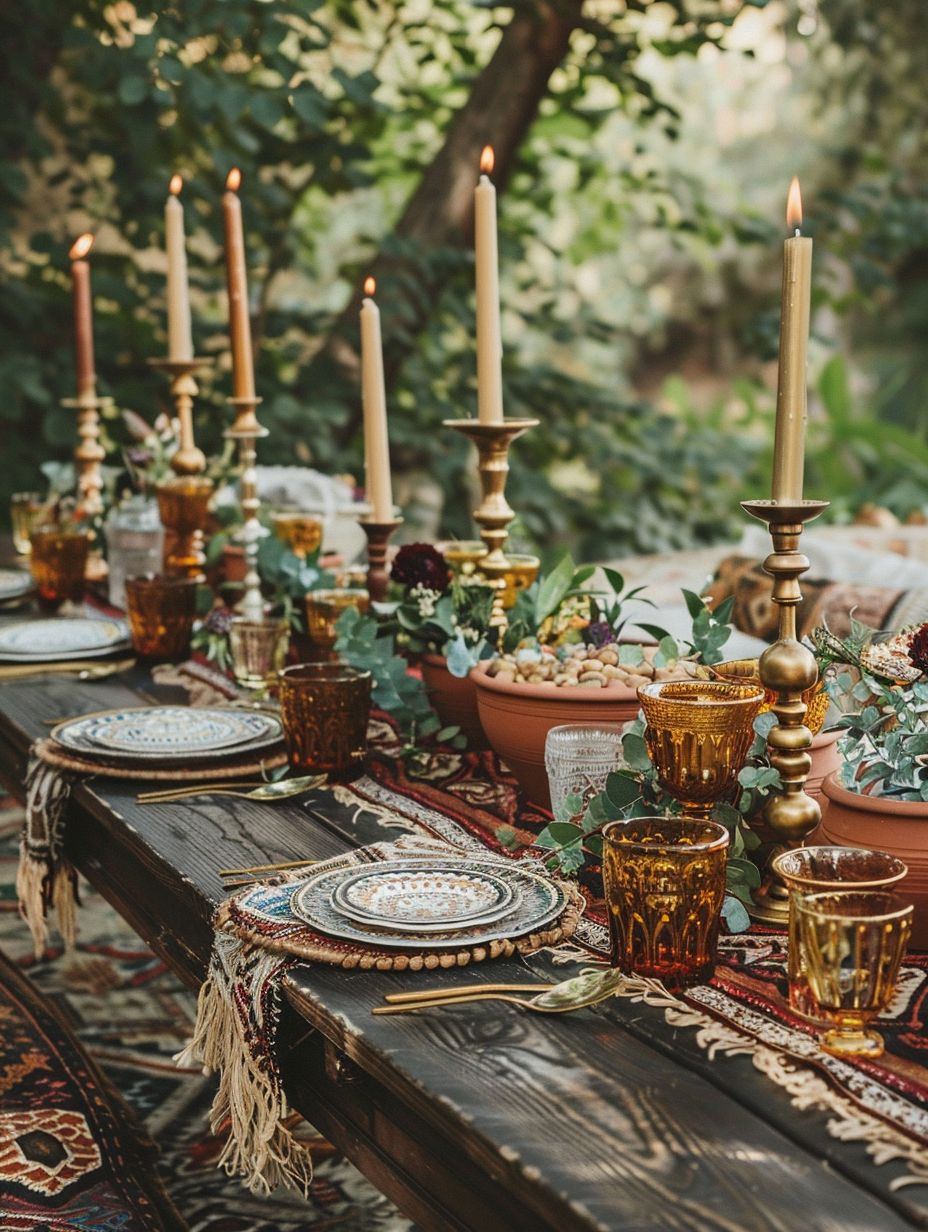 Boho style table arrangement. Rustic dark wood table decorated with assorted Moroccan-style terracotta dishes, deep overhanging tasselled burgundy table-runner, and tall golden candleholders with melting wax candles. Centerpiece features an earth-toned patterned Navajo blanket piled neatly with a tasteful array of mismatched bohemian crystal glassware mixed with Turkish tea cups. Visible on the warmly lighted table, artfully scattered are wildflora filled glass jars harmonizing with scattered garlands of dried eucalyptus leaves and ivy. Fabric cushions scattered around for relaxed floor seating.