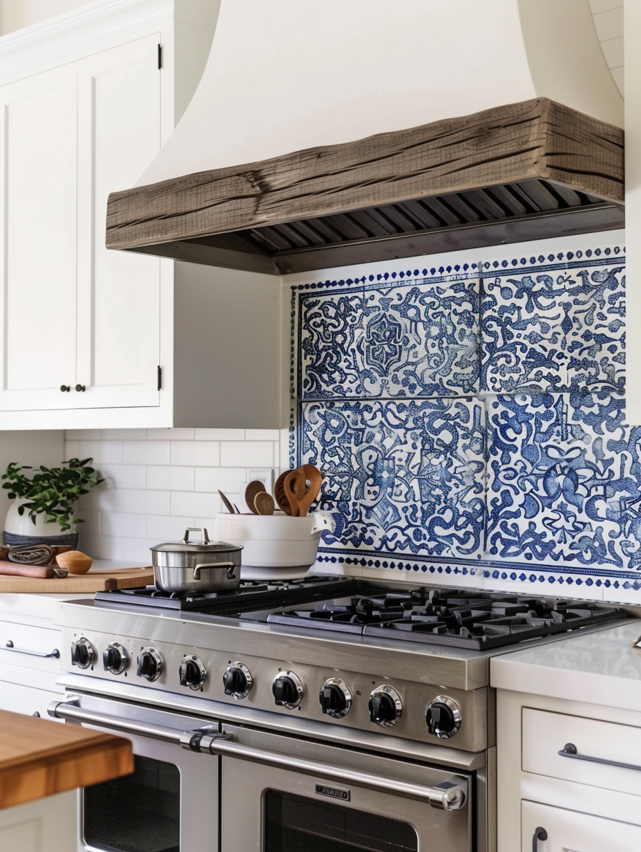 Boho Kitchen. White cabinets with cobalt blue Moroccan tile backsplash.