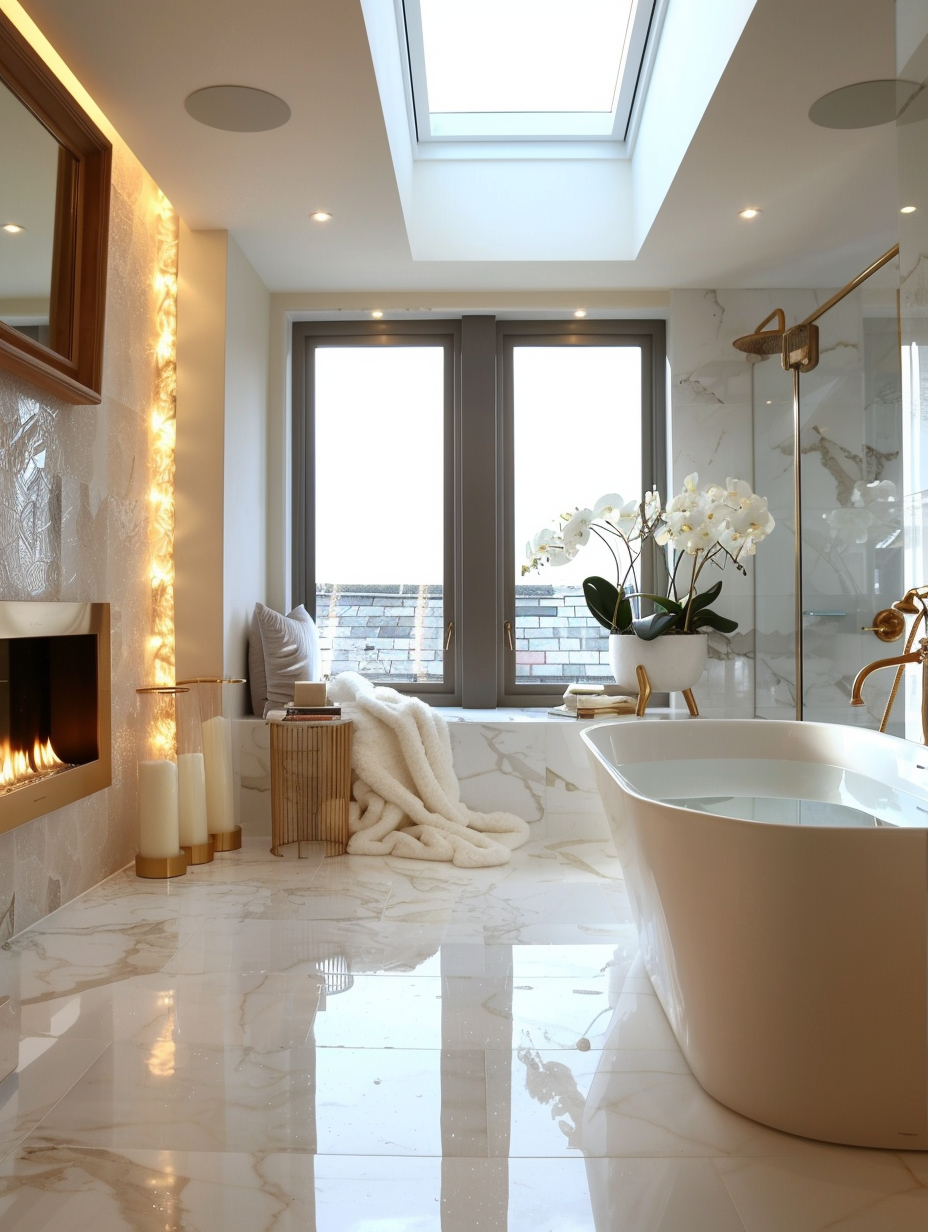 Quiet Luxury Bathroom Design. White marble flooring, freestanding stone tub, brass fixtures, skylight and open fireplace.