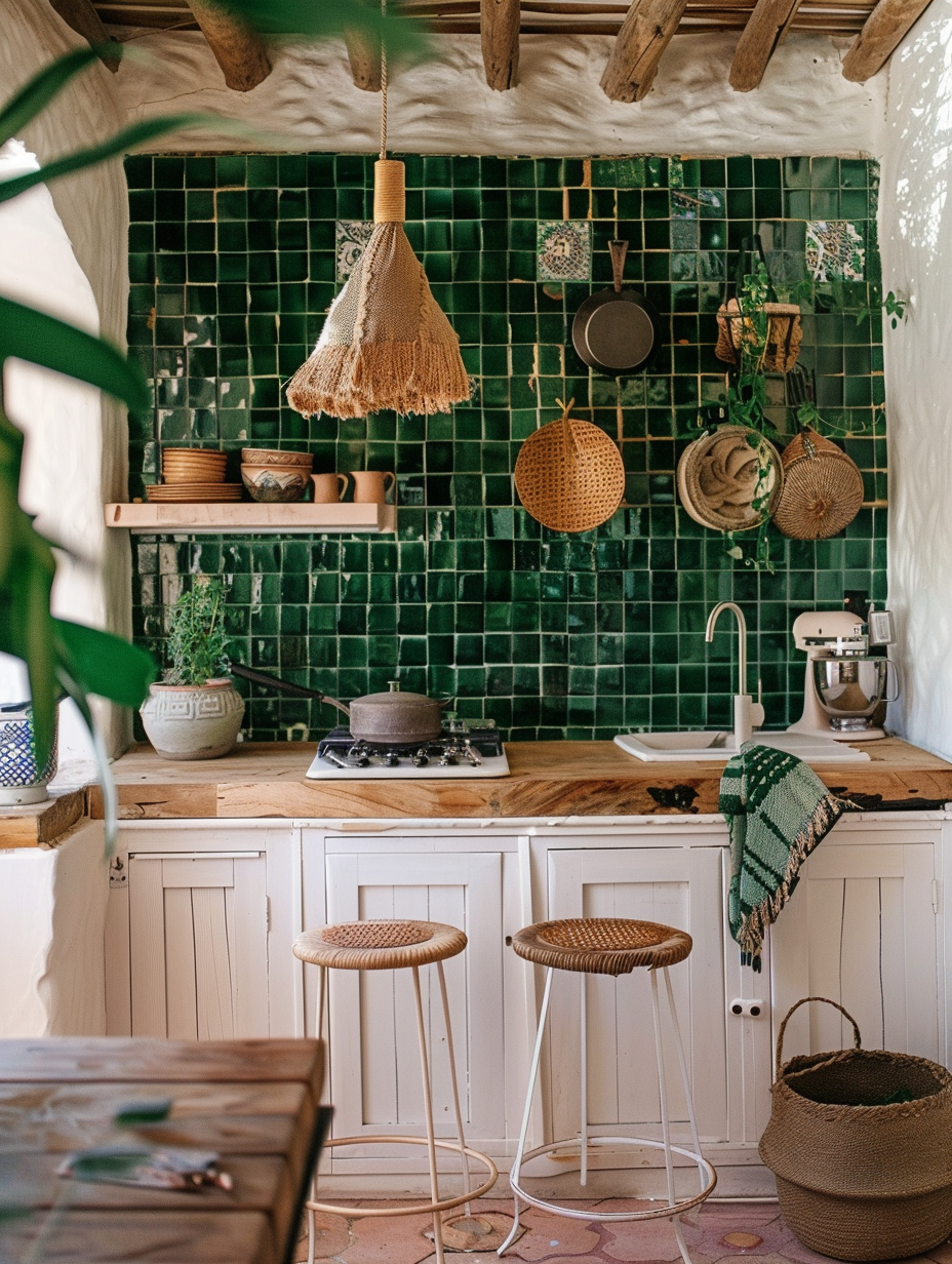 Boho kitchen. Forest green Moroccan tiles, cream rustic cabinets, rattan stools, and hanging herb planter.