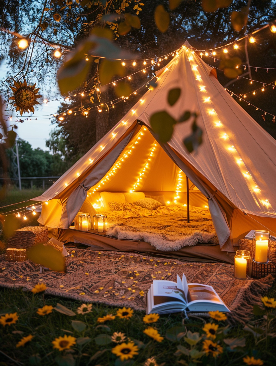 Glamping design. Golden yellow large canvas bell tent, brown faux fur rugs, warm white LED string lights intertwined with sunflower replies, burnt yellow patterned outdoor cushions, hardbound classic novels, sunflower yellow candles in glass jars, sunflower motifs creating a whimsical appeal.