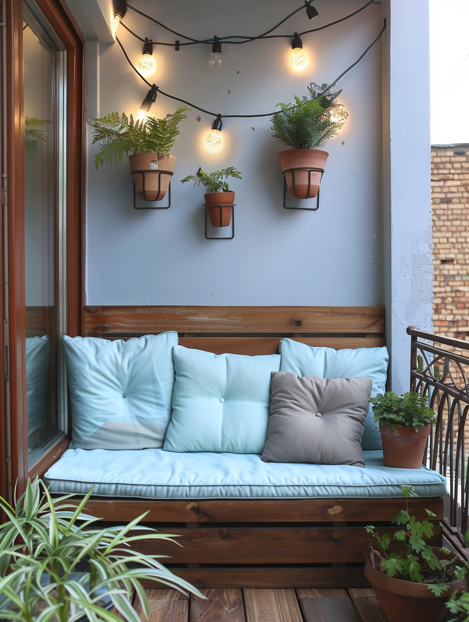 Small and urban balcony design. Wooden bench with powder blue pillows, cacoon string lights, terra cotta potted ferns and wrought iron wall art.