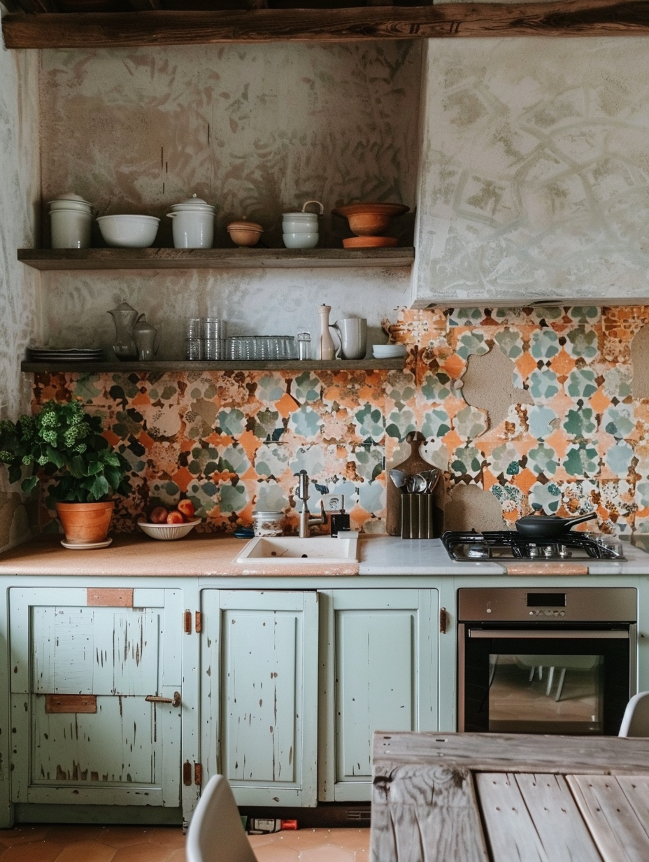 Boho Kitchen. Terracotta colored Morrocan tile backsplash with vintage mint green cabinets.