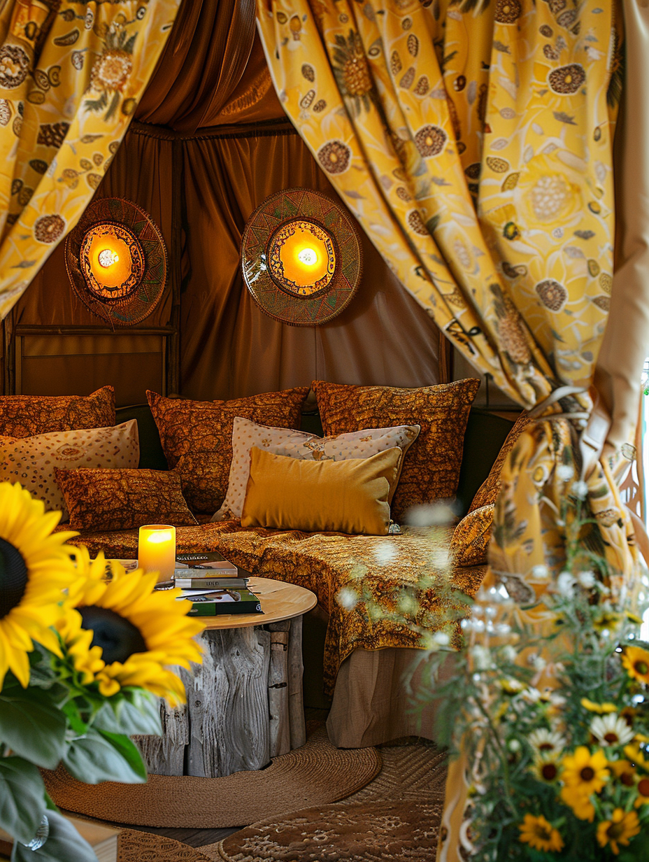 glamping design. A combination of sunflower-patterned yellow textile for the curtains, coupled with brown strew rugs, a bouquet of sunflowers at the side, well-placed LED warm lights recreating the evening mystics, meticulously selected books and wafting fragrance introduced through yellow scented candles arranged methodically across this cosy accommodation unique to glamping activities.