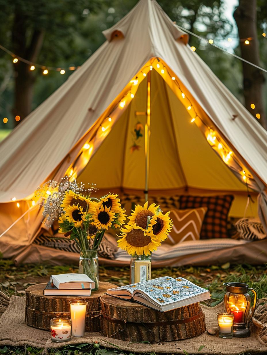 Glamping design. Yellow cabana-style tent, sunflower-print throw pillows, warm LED fairy light string, vases with summer reading books, beeswax candles and a rustic picnic table.