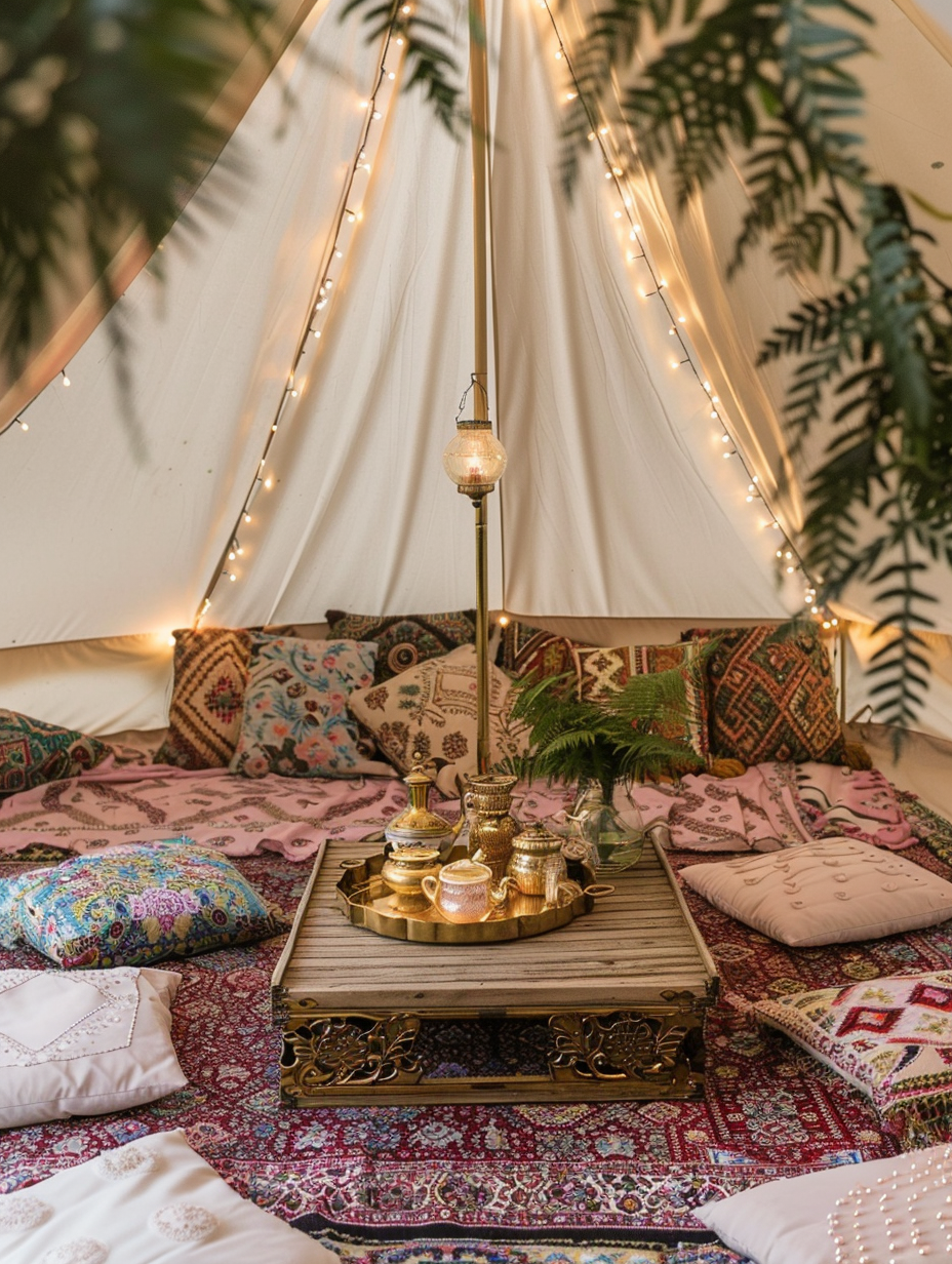 Glamorous interior of a tent. Flowing chiffon parachuted decorations contrast against canvas tent walls accompanied by a chain of warm tinted fairy lights hanging from the apex. Centered in the tent lie handmade blankets patterned in floral and henna prints resting on Persian Carnation Pink carpets. Floor nestled cushions provide images of intricate herringbone patterns. A brass tray coffee table shows carved floral details centralized knowing itself to hold both delicately embossed teapot sets and few wrapped Antique hard cover bounded books of classic literature. Cast ironed pots passionately present favored flora of ferns and English ivies contributing a natural aroma. A glass terrarium peach light sits hidden between variations of cushions, pooling gentle subtlety of color in the significant setting comforted by broad sequined embellished mandala brushed Kilim pillows.