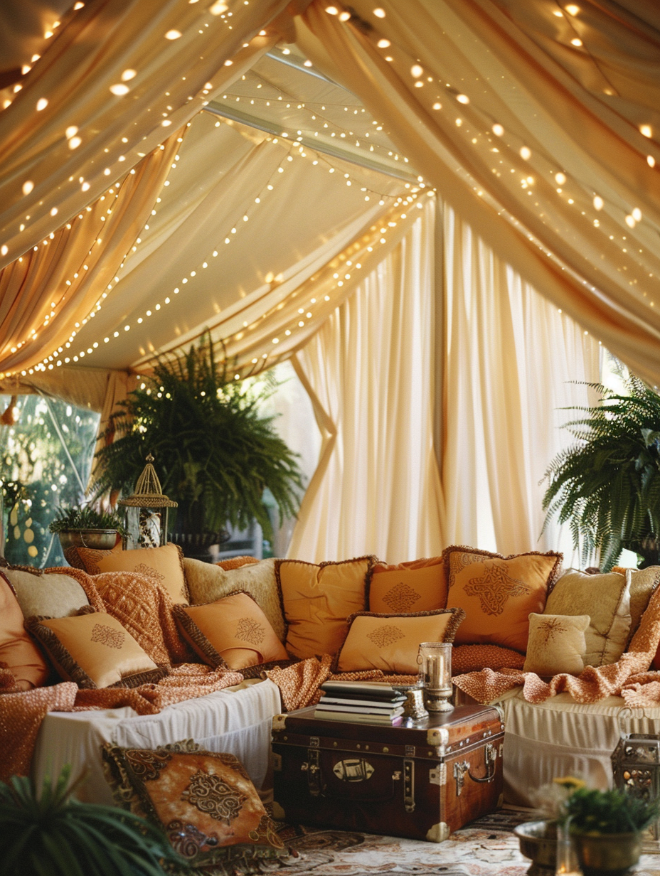 Interior of a glamorous tent. Ivory drapes with clear string of lights, lush green potted ferns, plump golden pillows, soft coral blankets, pressed leather-bound books and antique bronze decorations.