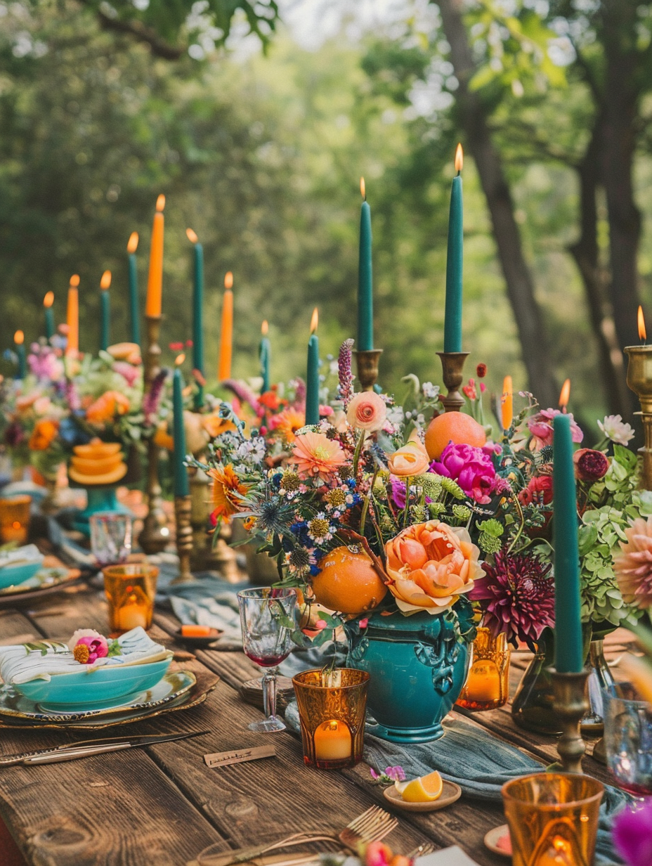 Table designed for entertaining in boho style. Long wooden table adorned with eclectic mix of mismatched candlesticks, vibrant turquoise ceramic bowls filled with citrus fruits and loosely arranged wildflowers in aged brass vases.