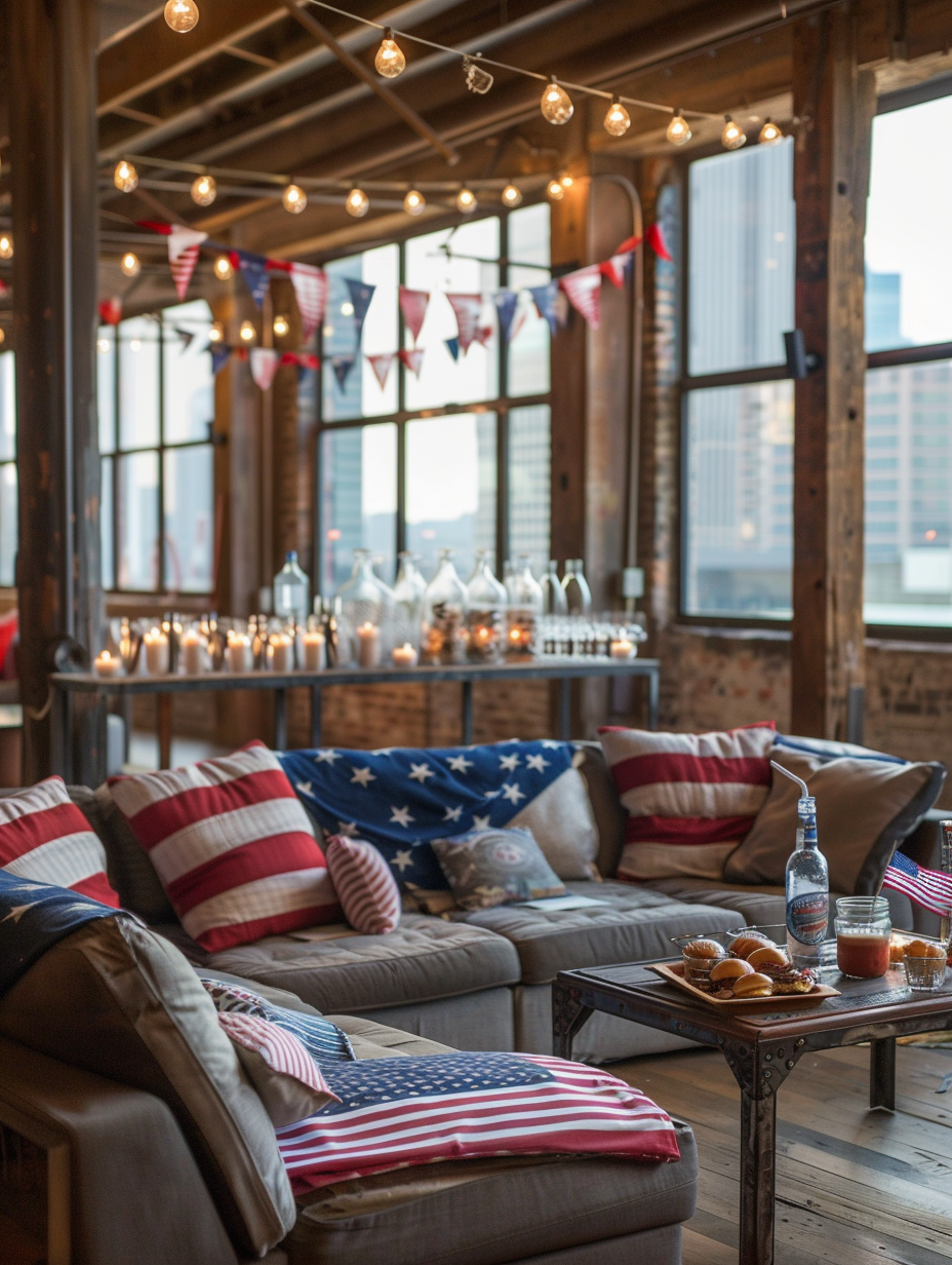 Fourth of July themed loft party. Vintage glory bunting draped over wooden beam pillars, reclaimed lightwood flooring, large industrial windows with a view of fireworks over the city skyline. Red, white, and blue cushions scattered over large gray sectionals, galvanized metal table topped with mini American flags in mason jars, Edison-bulb string lights draped across the ceiling. Antique farmhouse bar cart adorned with starry string lights and stripes drink napkins, featuring glass dispensers of strawberry blueberry infused water and pop-soda cocktails, round trays of mini burger sliders and fries boats underneath metallic blue appetizer dome covers.