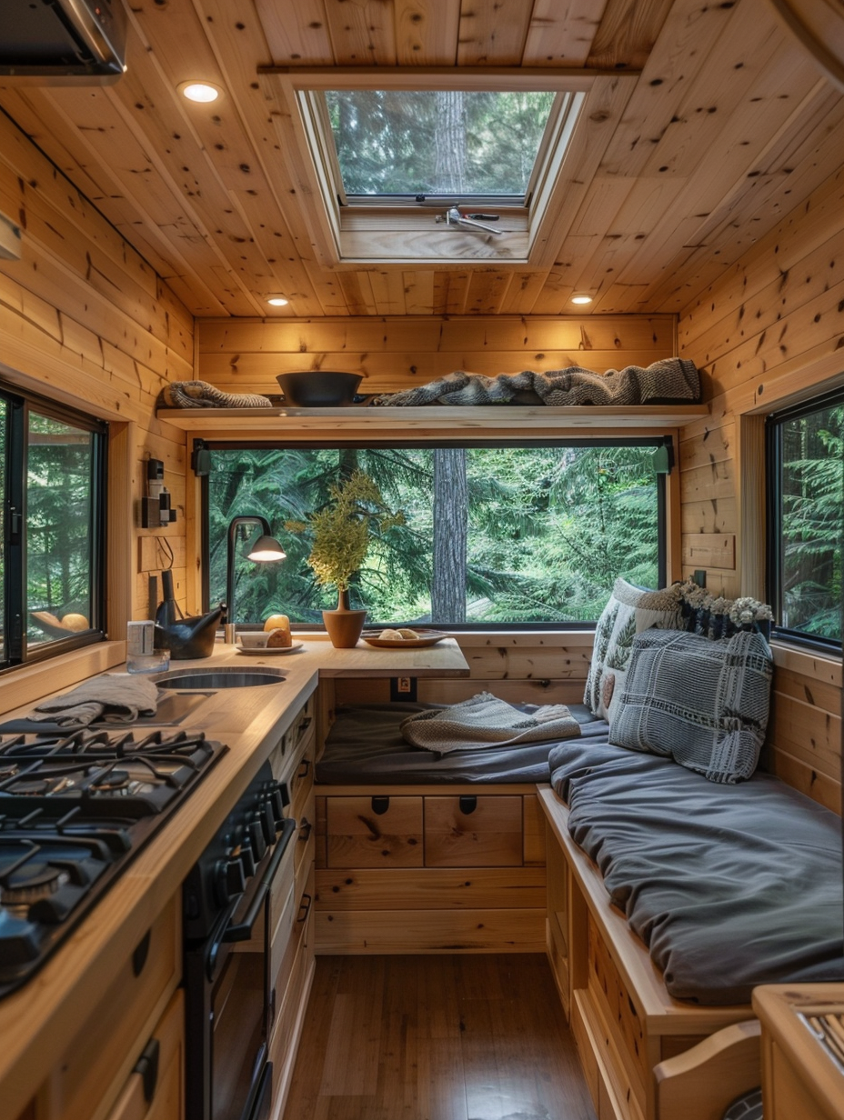 Small camper interior. Pale pine wood paneling, sleek black stovetop, swing-down dining table, and cushioned bed nook framed against a large two-paned rear window, overlooking a lush forest.