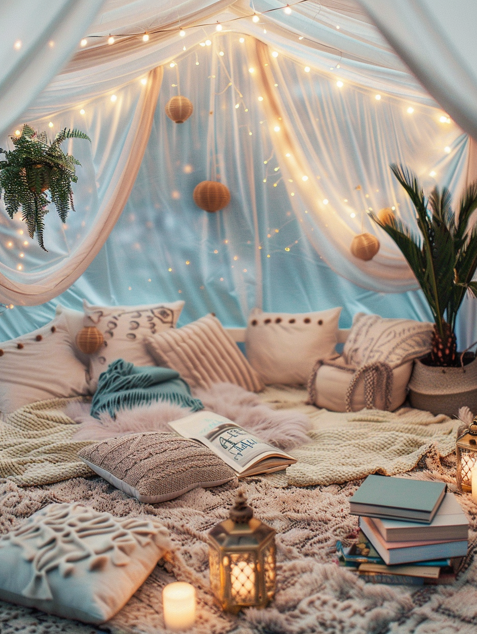 Glamorous tent interior. Pastel blankets and fluffy pillows arrayed under golden string lights, surrounded by potted ferns, hardcover books and hanging small lantern decorations.