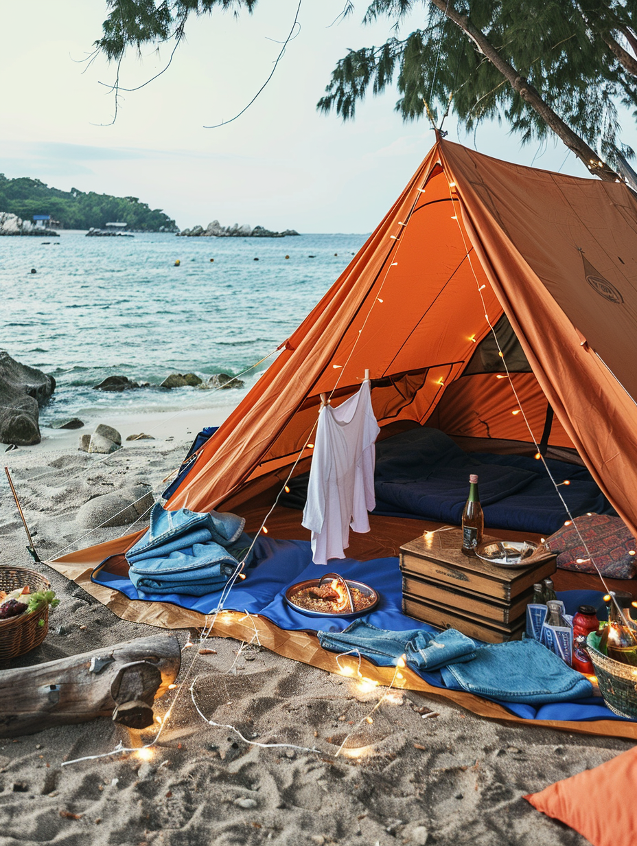 Camping at the beach. A large orange tent with blue sleeping bags, two white vests hung over a makeshift clothesline, a wooden crate filled with assorted bottles of alcohol, X-cushion style bohemian pillows in warm hues strewn around, fairy lights entwined onto a driftwood for decoration, and a picnic basket revealing sandwiches and fruits beside Python-top style wood-burning camp stove.