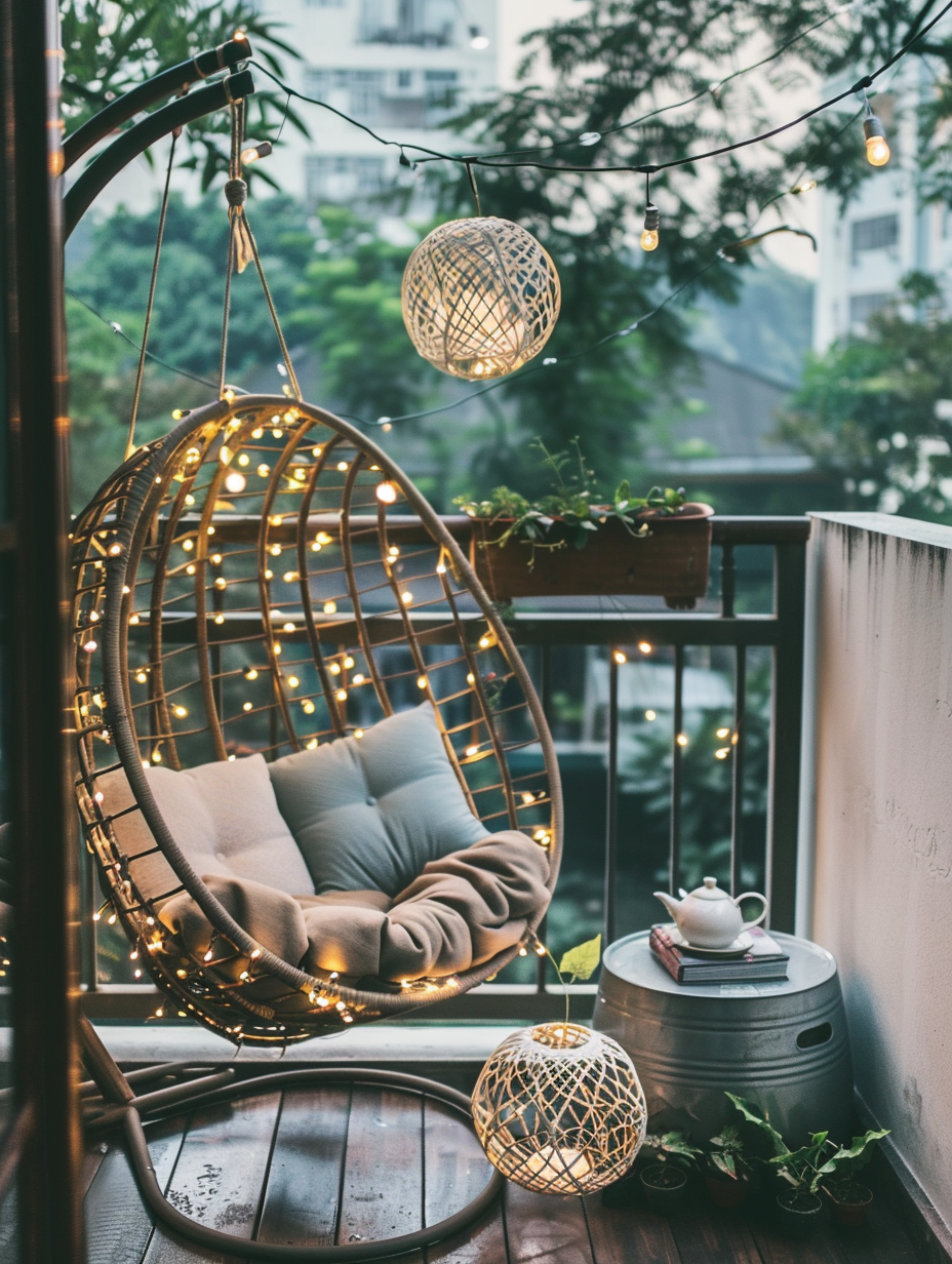 Small and urban balcony design. Compact hanging chair, strings of warm white fairy lights, tiered
planter filled with succulents, steel drum side-tabble decorated with a stack of hard-covered
books and a white ceramic teapot.