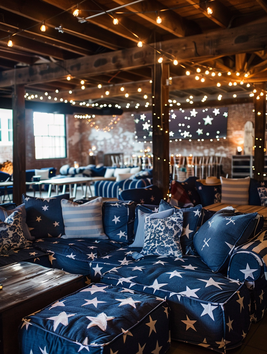 Fourth of July themed Loft Party. Dark denim lounge seating with patterns of white stars.