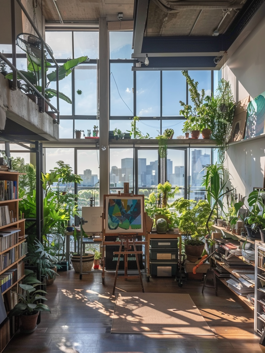 Loft art studio design. A large open space lit by floor-to-ceiling windows, populated with potted foliage plants, an easel in one corner with a canvas and brushes, and multiple racks filled with colors tubes, sketchbooks, and various art materials against the catwalk railing.