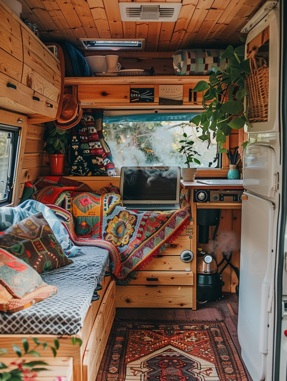 Camper Van interior. Maple wood-paneled walls, seagrass rug floor, compact white-painted computer desk, cheerfully patterned quilt spread on the small couch, puff of steam expanding in the stationary kettle, metal indoor plant stand occuppied by happy resting fronds.