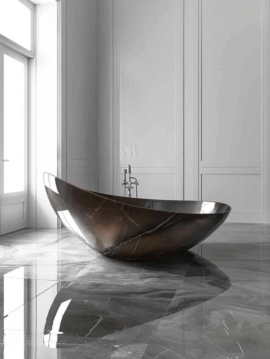 Quiet luxury bathroom design. An elegant freestanding, waterfall spout bathtub on polished grey marble flooring.