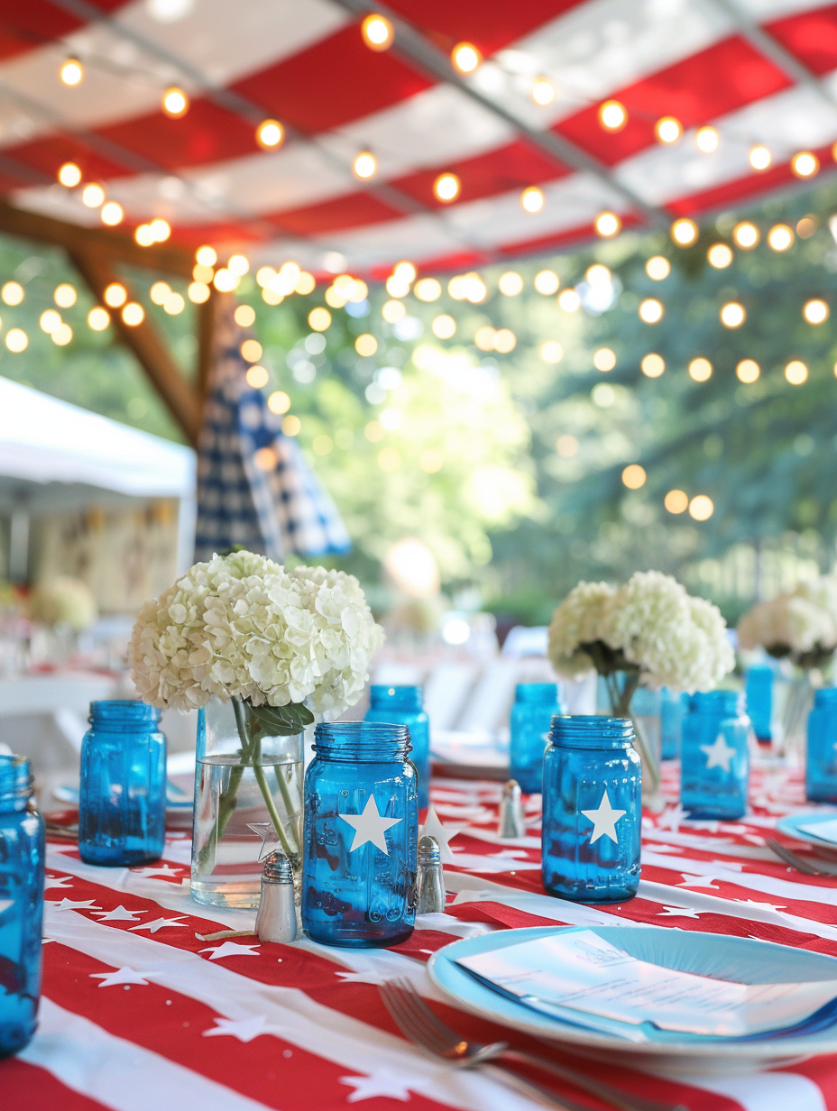 Fourth of July party design. Red, white and blue striped tablecloth with coordinating placemats, star-shaped confetti sprinkled over the table surface, blue glass mason jars housing white hydrangea bouquets gathered in clusters of threes as centerpieces. The display stage in the background hoisting a massive American flag acting as a backdrop while white twinkle lights gracefully frame around the display to add a touch of whimsical charm.