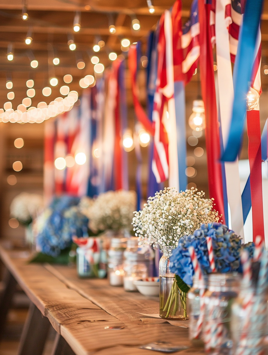 Fourth of July themed loft party. Red, white, and blue streamers intertwined with delicate fairy lights hanging from high ceilings. Vintage American flags draped over reclaimed wooden furniture. Rustic table adorned with glass jars filled with white hydrangeas and blue delphiniums. A beverage station featuring a refreshing iced tea served in mason jars with striped paper straws.