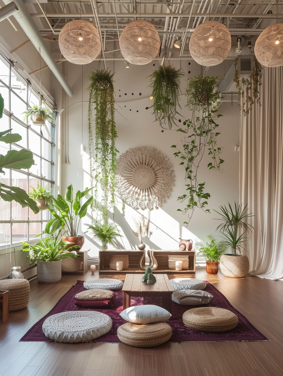 Yoga studio. An open room filled with floor-to-ceiling windows allowing streams of natural light to flood in, where even the corners enjoy a soft, welcoming illumination. Wooden floor complements the abundance of hanging and potted plants around the room, evoking the feeling of an indoor jungle. The furniture, crafted from dark, polished wood includes tables, wall-mounted shelf for yoga equipment, and decorative sunburst mirror. Potbellied woven bamboo baskets serve multifunctional purposes, housing extra blankets and yoga mats, underlining function in aesthetics. A handful of diffused beeswax candles throw moving shadow-and-silhouettes on the white walls, dotted with intricately designed mandala tapestries resonating the spiritual vibes. The seating arrangement showcases inviting floor cushions and brushed cotton throw pillows scattered about a rich maroon handmade floor mattress.