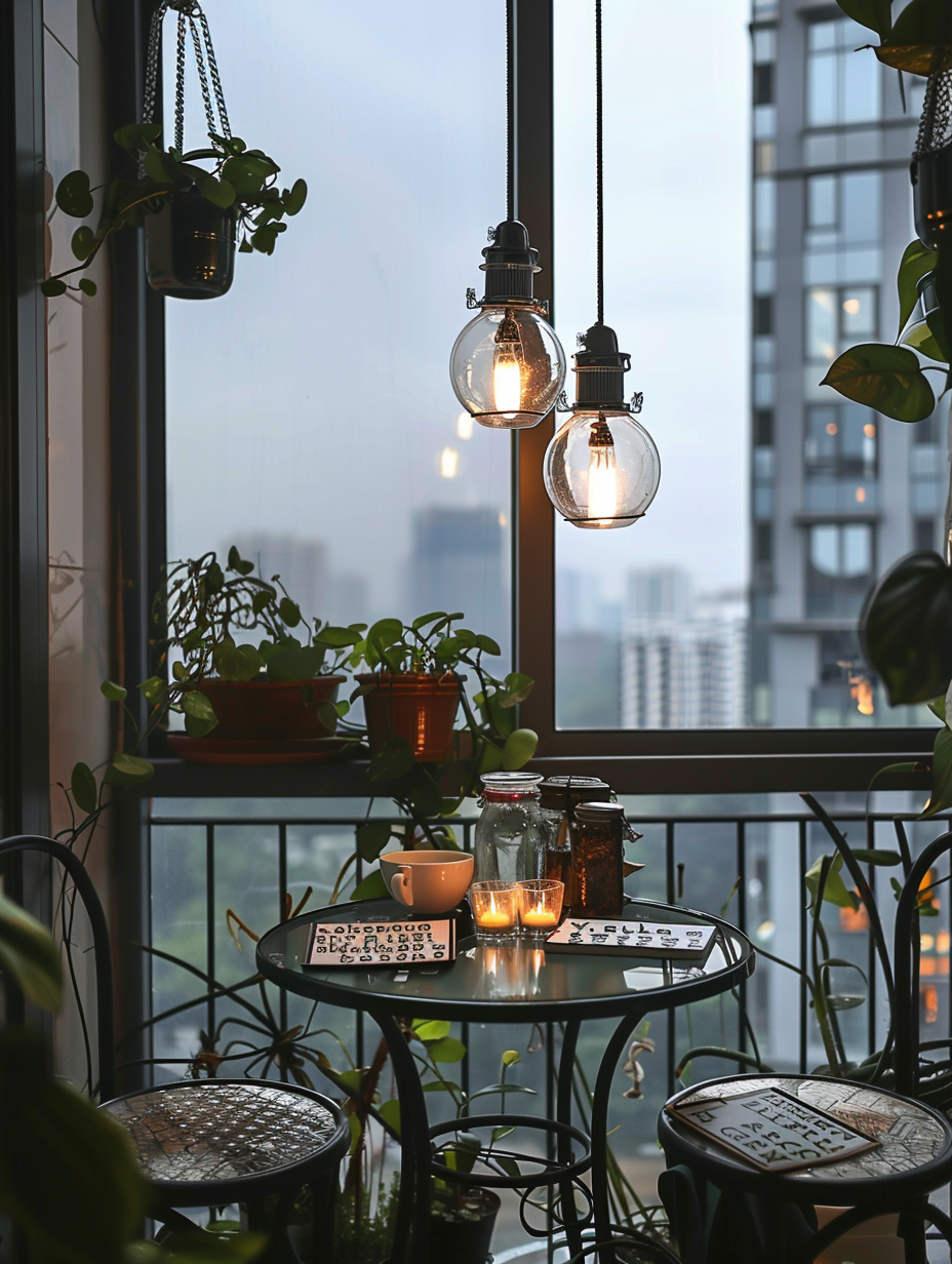 Small urban balcony design. Smoked glass round table, black metal bistro chairs, constructing lights in glass lampshade, cascading hanging plants, handwritten tile coasters.