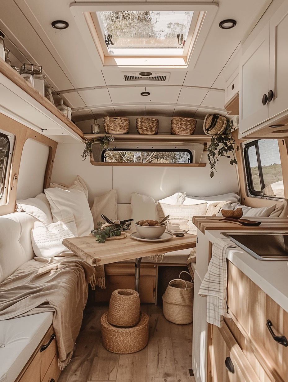 Small camper interior idea. Natural oak wood furnishings with a convertible Murphy bed doubling as a kitchen table, weatherproof skylight in the ceiling, steel frames for mounted storage baskets, and ivory white textured fabrics creating a cozy sleeping booth.