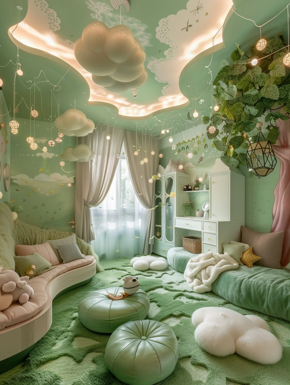 Whimsical house room design. Children's bedroom decorated with hanging paper stars and equipped with a small tree trunk-shaped reading corner.

Whimsical house room design. Kitchen with mint green walls, ivory cabinets featuring fairy silhouettes, and an oversized toadstool table.

Whimsical house room design. Bathroom with mermaid scales as wall tiles and an iridescent glass circular sink.

Whimsical house room design. A sunroom decorated with string lights, hanging birdcages filled with indoor plants, featuring a picture window with a window seat.  

Whimsical house room design. A living room with a floor mimicking hot air balloons lifting off, light drapey clouds scatter across the ceiling, and couches that look like sprawling grass patches.