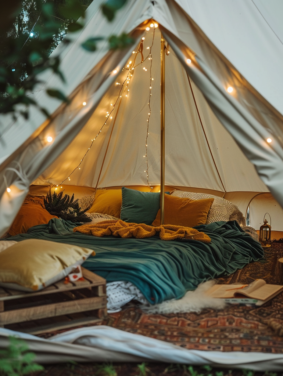 Glamorous tent interior. White canvas tent adorned with warm fairy lights, layered with teal faux-fur blankets and complemented by plump yellow and green velvet pillows. Delicately surrounded by assortment of potted ferns and a pile of old hardback novels stacked unevenly on a vintage wooden crate. Silver bohemian-themed decor accents throughout.