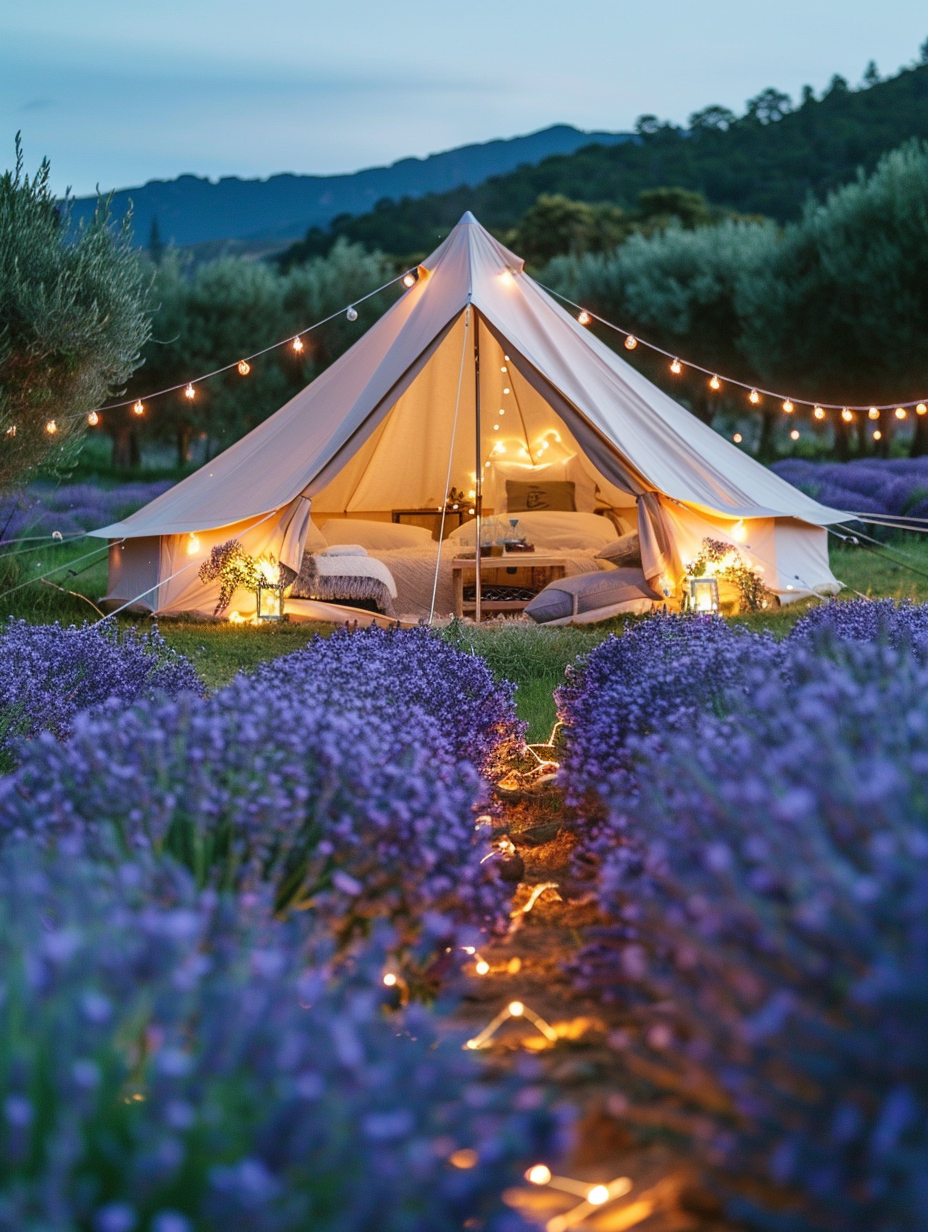 Glamping theme. Lavender fields with a dove white luxury tent, adorned by dazzling string lights and surrounded by lavender flower arrangements.