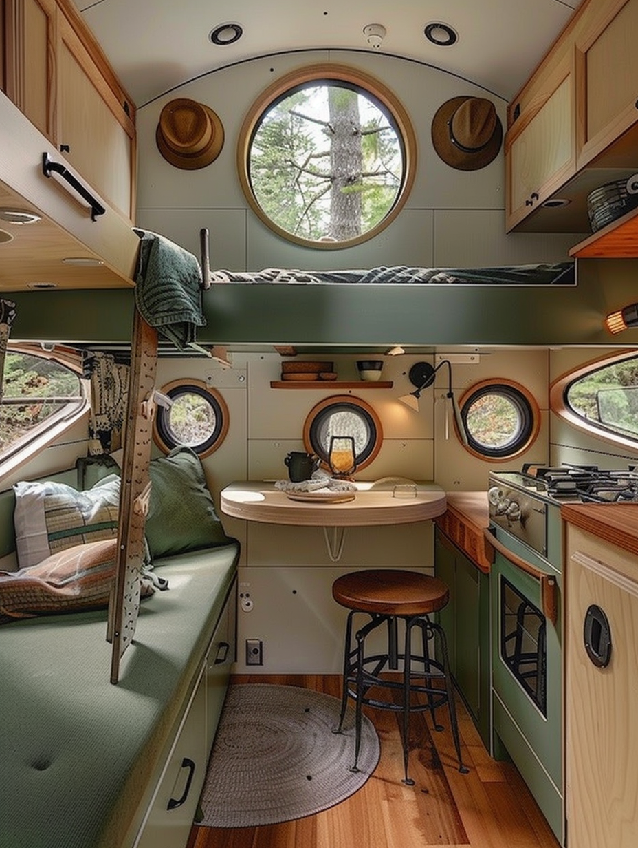 Small camper interior idea. Minimalistic design featuring a green bunk bed with ladder, dual window facing compact dining setting, overhead storage with elegant forge iron lock, blond wood-paneled round corner kitchen counter showcasing stove-top and tiny wash basin, with visible space-enhancing round mirror above wine rich sorrel sofa at the far end in front of cabinet wall separation