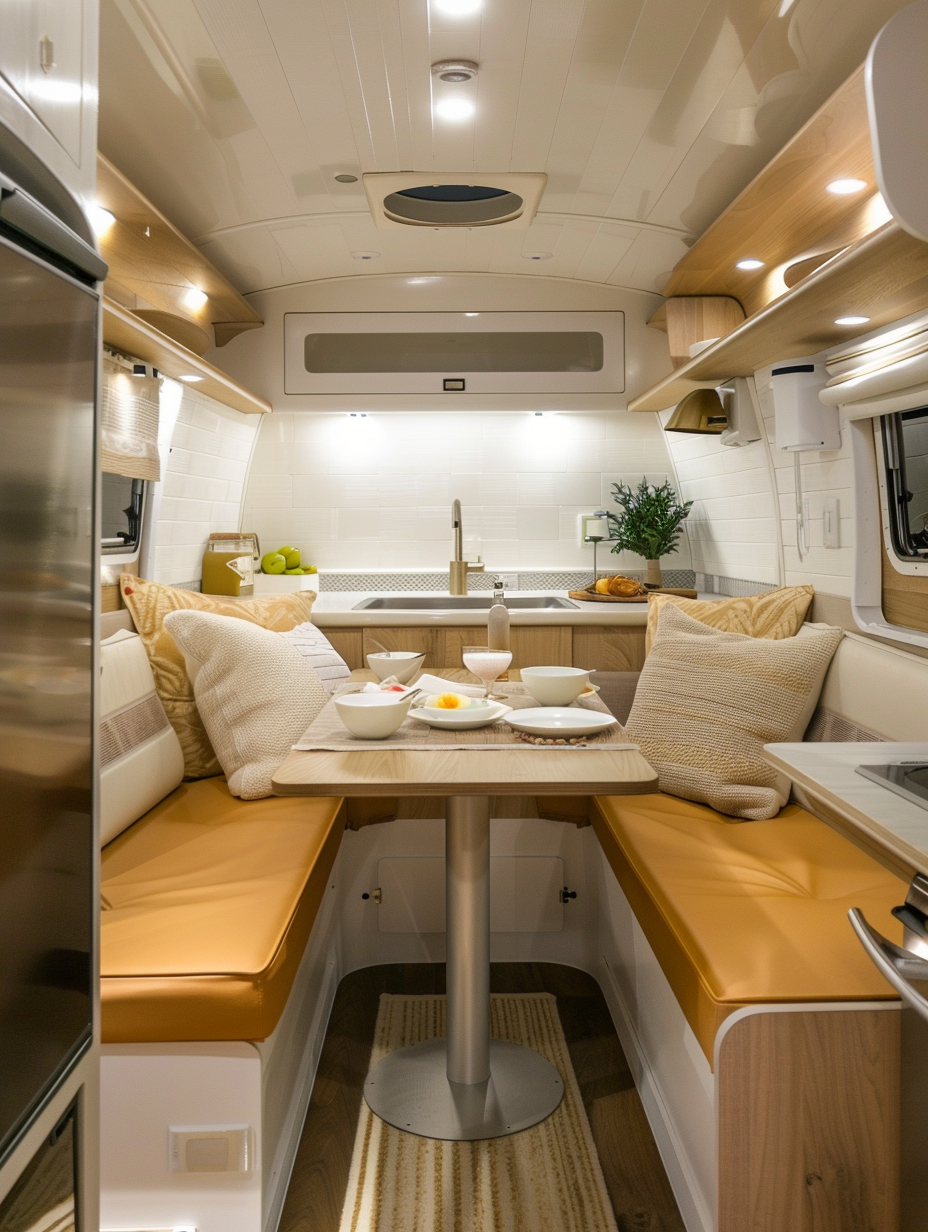 Small camper interior idea. Open-concept layout with natural wood finished dining booth and white-painted metal finish kitchen appliances.