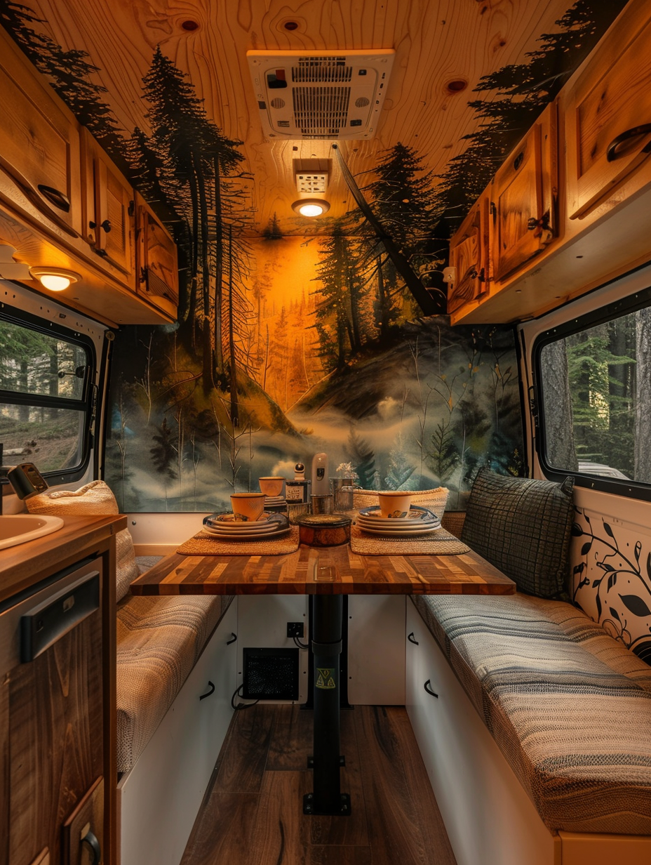 Small camper interior. Wooden pull-out dining setup accommodating two people with views of compact kitchenette set against a realism forest mural painted on the back wall.