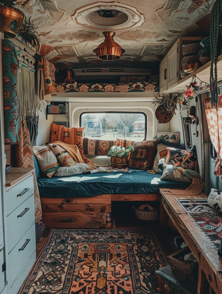 Boho RV camper interior. Rustic wooden floor with ornate patterned rug, macrame wall hangings, oxford poetic blue upholstery, and round copper pendant lamp.